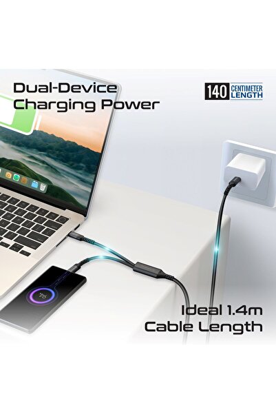Promate 140w Fabric braided high-speed usb-c to dual usb-c cable black
