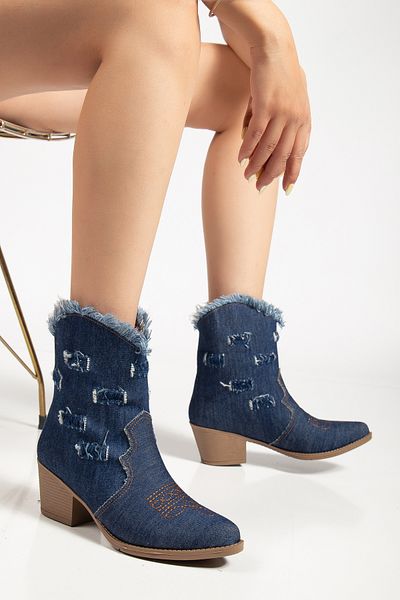 MS SUGAR SHOES Women's Ripped Detailed Denim Boots Embroidered Cowboy Style Cowgirl