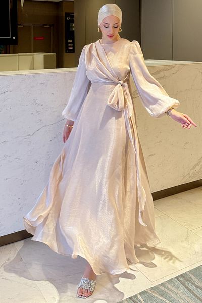 Tesettür Diyarı Side Tie Jan Jan Evening Dress - Cream