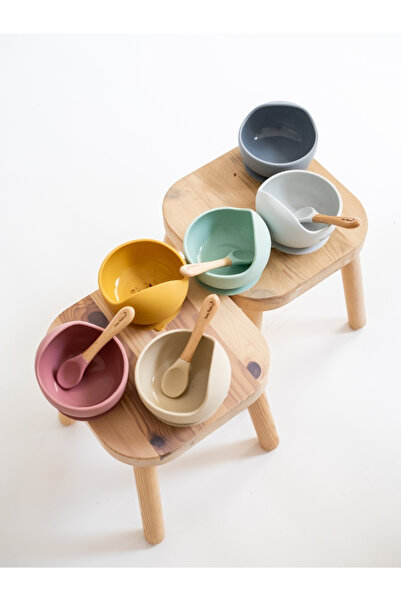 SARO BABY Bol și lingură din silicon alimentar antiderapante, set de 2 piese pentru diversificare, albastru abur