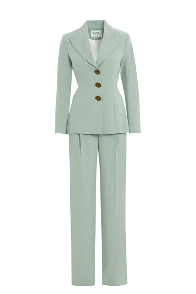 GİZİA Beli Pencere Detaylı Mono Kapama Ceketli Ve Bol Pantolonlu Yeşil Takım