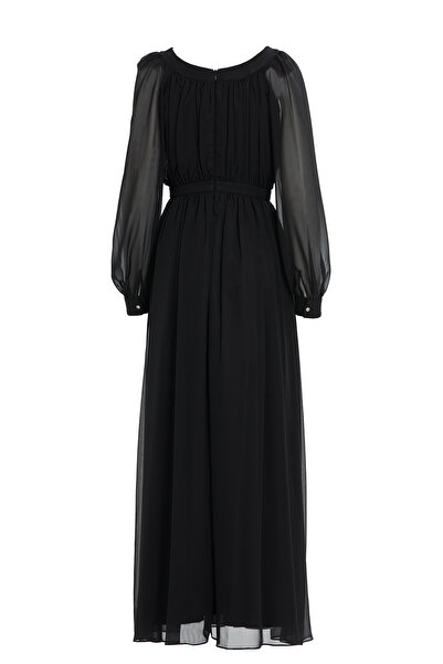 GİZİA Büzgülü Yakası Taş İşleme Detaylı Eteği Kloş Siyah Abiye Elbise