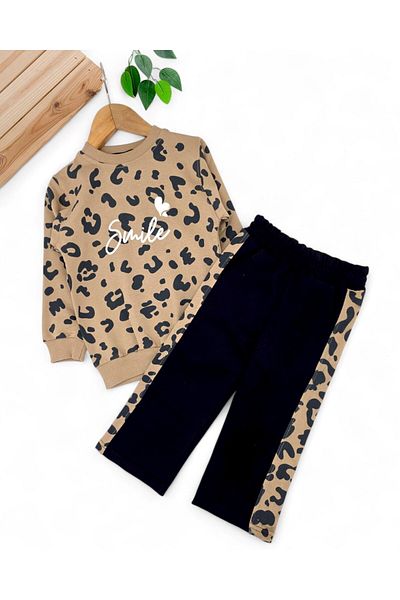 Ege Bebek Girl's Smile Printed Sweatshirt, Wide Leg Tracksuit Bottom, 2 Thread 3-10 Years Old Girl Tracksuit Set