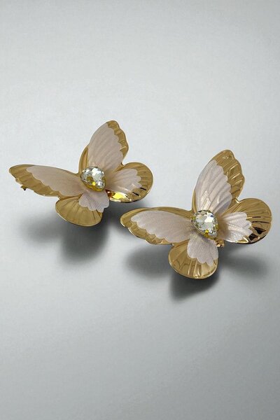 TAKIŞTIR Gold Color Butterfly Figured Stone Detailed Earrings (Pair)