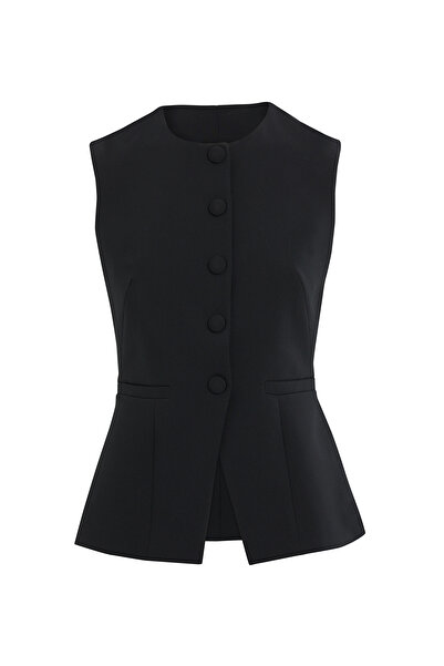 GİZİA Mono Kapamalı Astarlı Siyah Dokuma Yelek