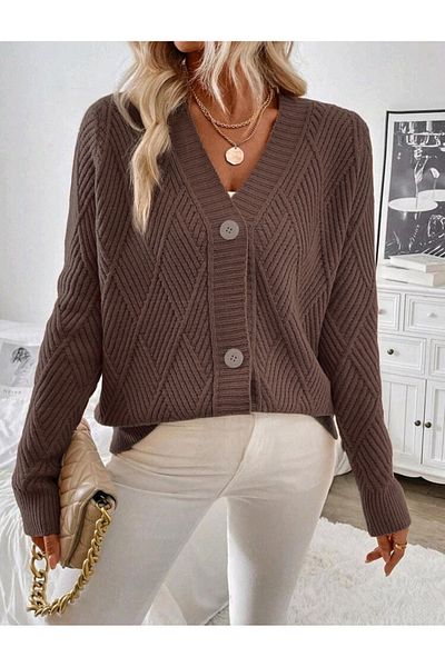 Bracha Baklava Patterned 3 Button Woven Detailed Long Sleeve Knitwear Cardigan