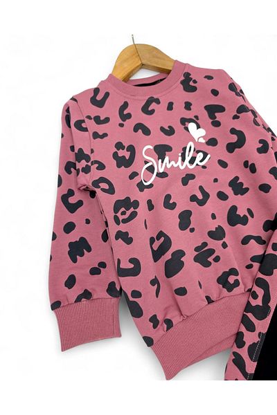 Ege Bebek Girl's Smile Printed Sweatshirt, Wide Leg Tracksuit Bottom, 2 Thread 3-10 Years Old Girl Tracksuit Set