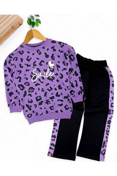 Egelite Girl's Smile Printed Sweatshirt, Wide Leg Tracksuit Bottom, 2 Thread 3-10 Years Old Girl Tracksuit Set