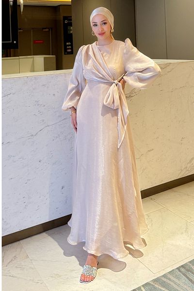 Tesettür Diyarı Side Tie Jan Jan Evening Dress - Cream