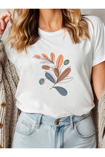 Sarah's Boutique Women's T-Shirt – 100% Cotton – COLORED ABSTRACT LEAFS