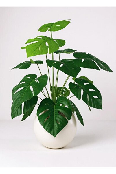 Nettenevime Yapay Çiçek Salon Bitkisi Monstera 70cm 18 Yaprak Beyaz Küre Saksıda