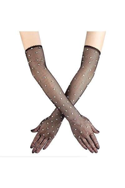 Skygo Black Color Pearl Diamond Embroidered Mesh Knit Long Gloves 45 cm