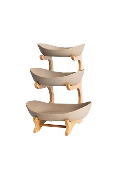 Zoffer Three Layet Ceramic Fruit Bowl, Zoffer, Wooden Stand, Cream