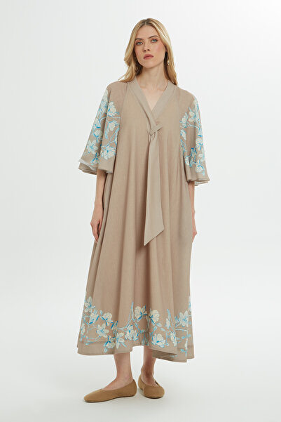 GİZİA V Yakalı Baskılı Uzun Bej Elbise