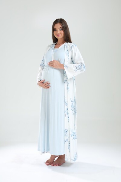 Pelin Women's Double-Breasted Collar Patterned Hidden Breastfeeding Maternity Nightgown Pajamas Set