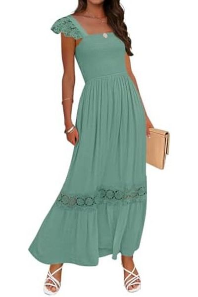 ZESICA Summer Dress 2023 Women's Sleeveless Square Neck Smocked High Waist Ruffle Hollow Out Flowy A-line
