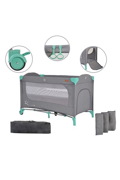 Cangaroo Folding cot with two height levels and support rings Skyglow 2, 120x60 cm, Grey/Green