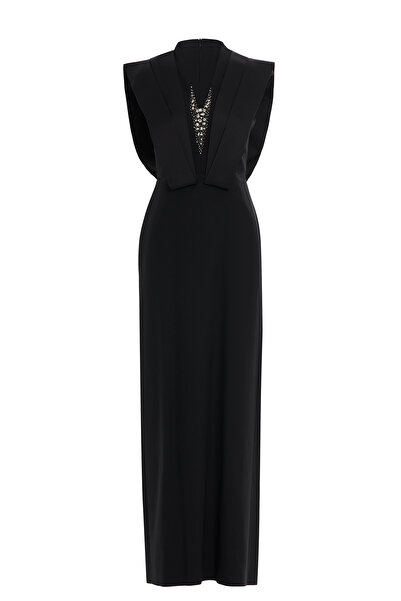 GİZİA Dantel Detaylı Seyyar Kuşaklı Siyah Elbise