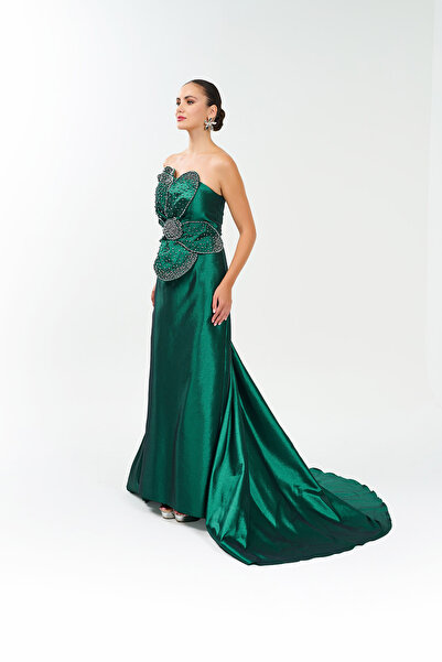 BDM Exclusive Straplez Büyük Çiçek Aplikli El İşi Taşlı Tafta Abiye Elbise