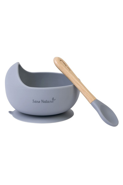 SARO BABY Bol și lingură din silicon alimentar antiderapante, set de 2 piese pentru diversificare, albastru abur