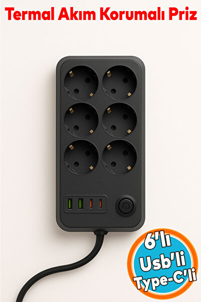NZB Akım Korumalı Topraklı Golyat Grup Şarj Fiş Priz 6 Prizli 4 USB Girişli 2...