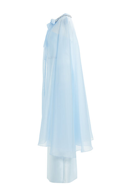 GİZİA Pelerin Detaylı Beli İşlemeli Mavi Straplez Elbise