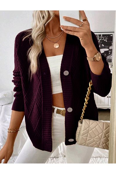 Bracha Baklava Patterned 3 Button Woven Detailed Long Sleeve Knitwear Cardigan