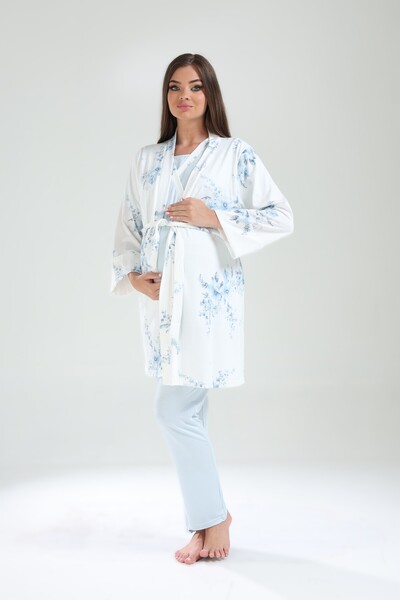 Pelin Women's Double Breasted Collar Patterned Maternity Pajama Set with Hidden Breastfeeding Feature