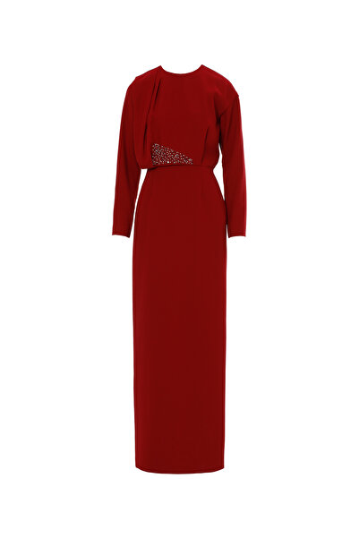 GİZİA Pili Katlamalı Uzun Kırmızı Elbise
