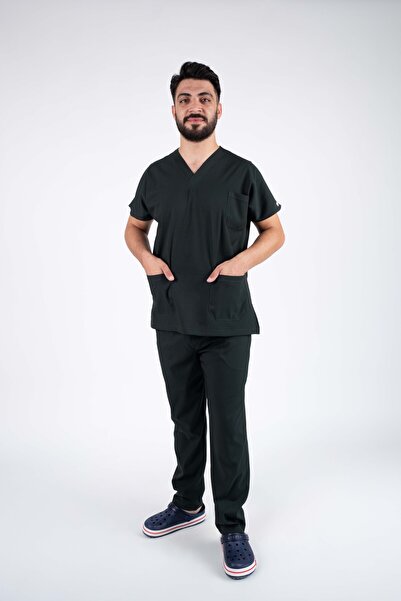 ACAR İŞ TEX Black Lycra Men's Nurse and Doctor Uniform Set Scrubs Hospital Un...