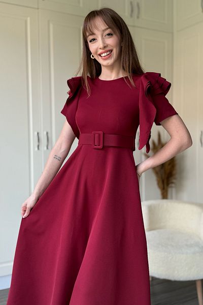 Dilay Gökoğlu Butik Ruffle Detailed Belted Midi Flared Burgundy Dress