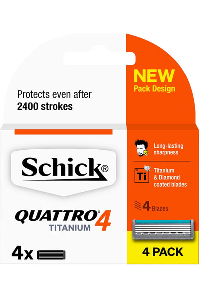 Schick Quattro Titanium 4 Blade Razor Refill For Men-Titanium & Diamond Coated Blades-4 Cartridges