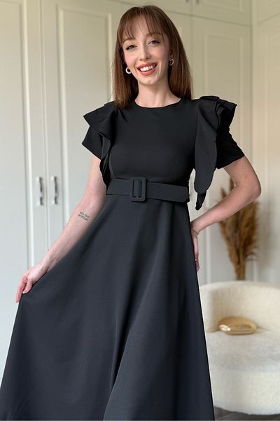 Dilay Gökoğlu Butik Ruffle Detailed Belted Midi Flared Black Dress