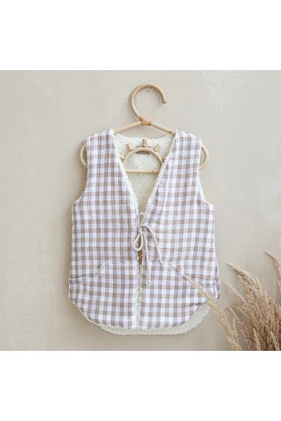BABYLY Children's reversible vest muslin beige plaid & cream loop 104-110cm