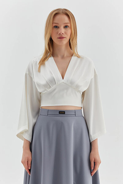 Dimalis KADIN PİLELİ V YAKA KLOŞ KOL DETAYLI BLUZ