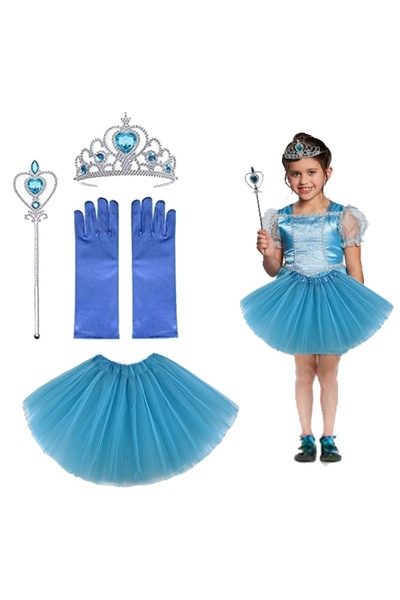Skygo Çocuk Elsa Kostümü Elsa Eteği Eldiveni Tacı ve Asası 4 lü Set