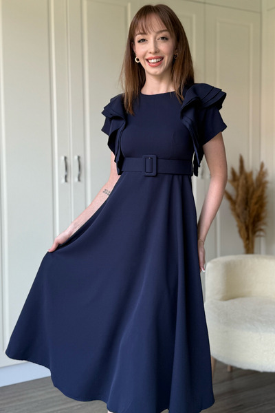 Dilay Gökoğlu Butik Ruffle Detailed Belted Midi Flared Navy Blue Dress
