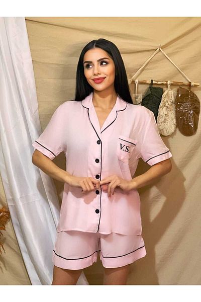 FENZO Women's Striped Stylish Piping Detailed Cotton Viscose Double Short Sleeve Shorts Set with Pockets
