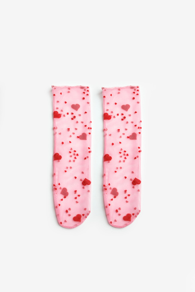 Le Mabelle Pink Flock Heart Printed Girl's Tulle Socks