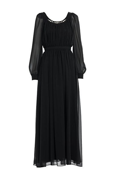 GİZİA Büzgülü Yakası Taş İşleme Detaylı Eteği Kloş Siyah Abiye Elbise