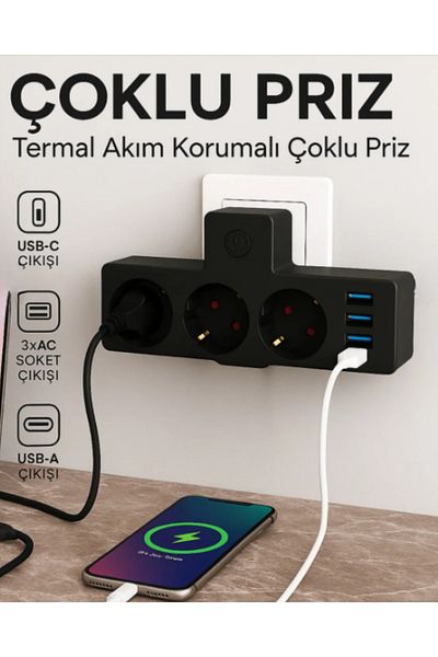 XİRA Smart Socket Thermal Protection 3 Socket Multi Current Socket |   3 Usb-A + 1 Usb-C 2500W 10A Pd 20W