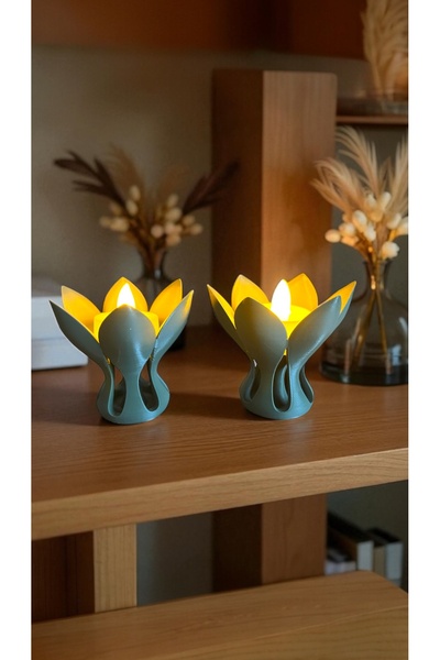 BOTE CONCEPT Yaprak Şeklinde Dekoratif 2 Adet Mumluk ve 2 Adet Pilli Mum - Haki