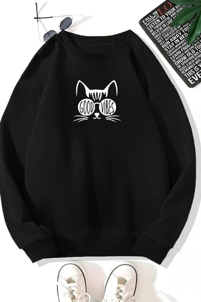 Sweetline Unisex Black Good Vibes Cat Printed Crew Neck Sweatshirt - Winter Embossed Fabric