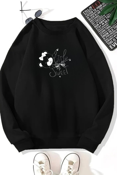 Sweetline Unisex Black Li̇ttle Sweet Printed Crew Neck Sweatshirt - Winter Embossed Fabric