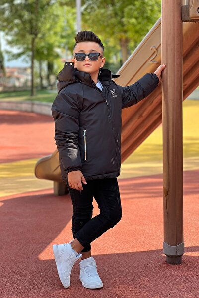 Zaziko Kids Erkek Çocuk Çıkarılabilir Kapüşonlu Baskılı Yakası Detaylı Kışlık Mont KM3501