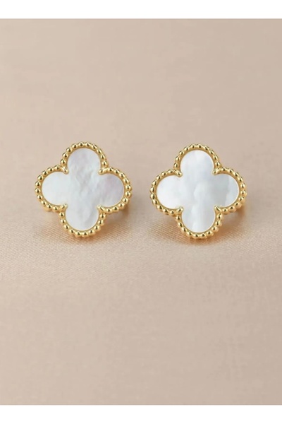 Manu Collection Women's Steel White Edges Gold Clover Model Earrings in Special Box