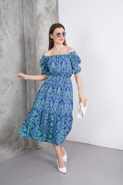 MOLLYMORE MADONNA YAKA BELİ LASTİKLİ DOKUMA VİSKON KADIN ELBİSE