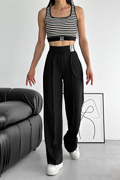 Noa Noa Kadın Yüksek Bel Siyah Pantolon – Mesaj Detaylı Sokak Stili