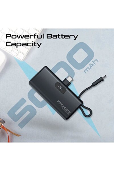 Promate Pocket Fast Charging Power Bank 5000mah with Foldable USB-C Connector and Lightning Cable