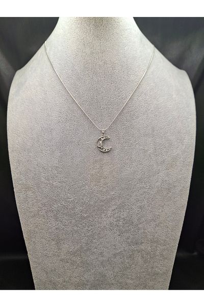 Han Ticarethane Silver Color Stone Crescent Moon Steel Necklace